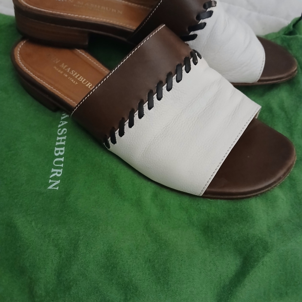 Ann Mashburn White & Brown Spring Italian Lotus Vacation Slides Sandals--37/6.5 - Picture 10 of 12